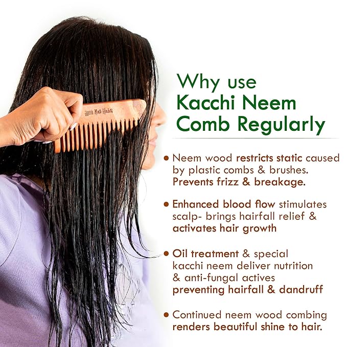 Nat Habit Kacchi Neem Wooden Shampoo Comb - Soaked in 17 Herbs, Neem & Sesame Oil | Wide Tooth- Small Size
