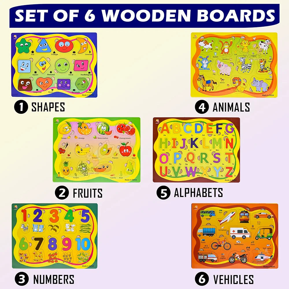 Wishkey Wooden Educational Colorful Fruits,Animal,Number,Geomatric Shape,Vehicle,Alphabet Set of 6 Board Puzzle