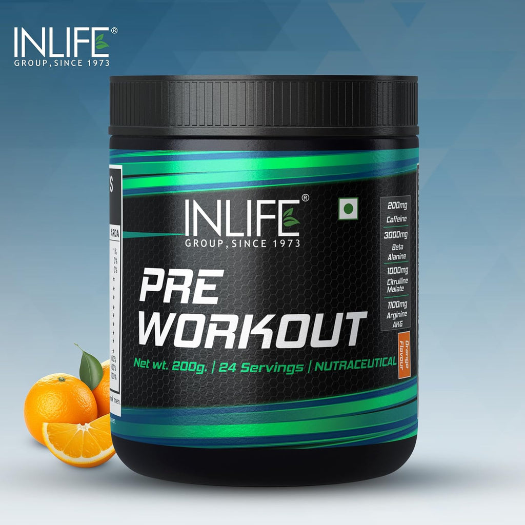 INLIFE Pre-Workout Supplement 200mg Caffeine,1000mg Citrulline,1100mg Arginine AAKG,3000mg B-Alanine,Creatine,Taurine, Betaine Anhydrous Pre Workout Formula Men & Women 200g, 24 Servings (Orange)