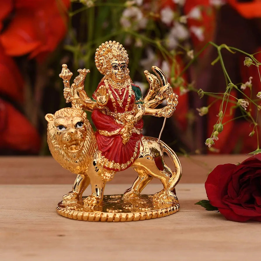 Collectible India Gold Plated Goddess Maa Durga Sherawali MATA Idol Statue for Car Dashboard