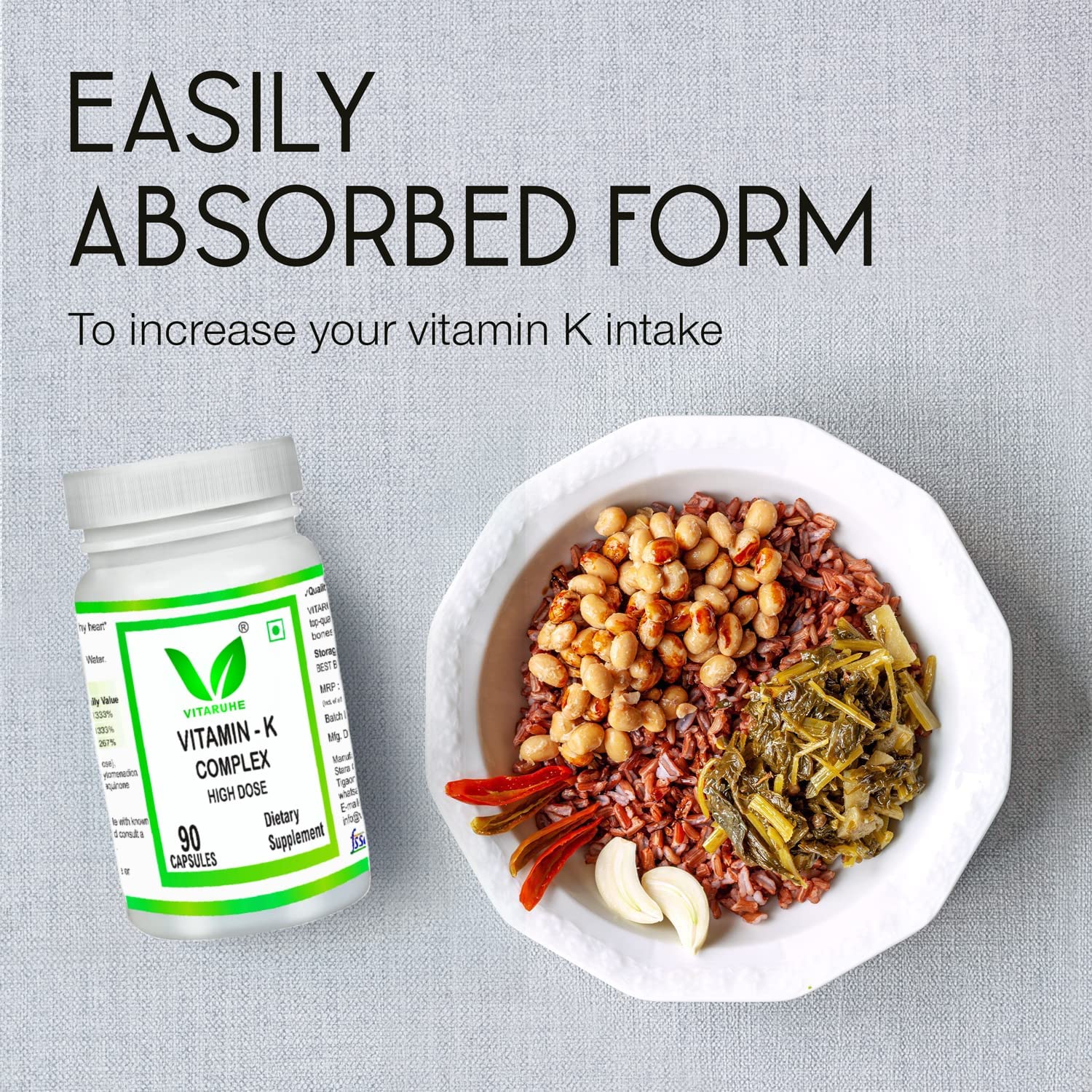 VITARUHE® Vitamin K Complex, High Dose K1 + K2 Menaquinone High Strength & Vegan (MK4 +MK7), 90 Capsules for 3 Months, Best Bioavailability, Supplement Without Additives (1)