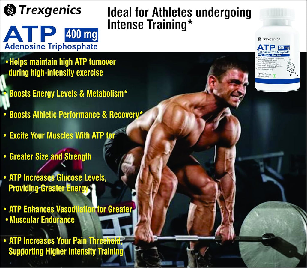 Trexgenics ATP Adenosine Triphosphate 400 mg Energy, Metabolism, Endurance, Cellular Health VEGAN & NON-GMO (30 Vcaps) (Pack of 1)