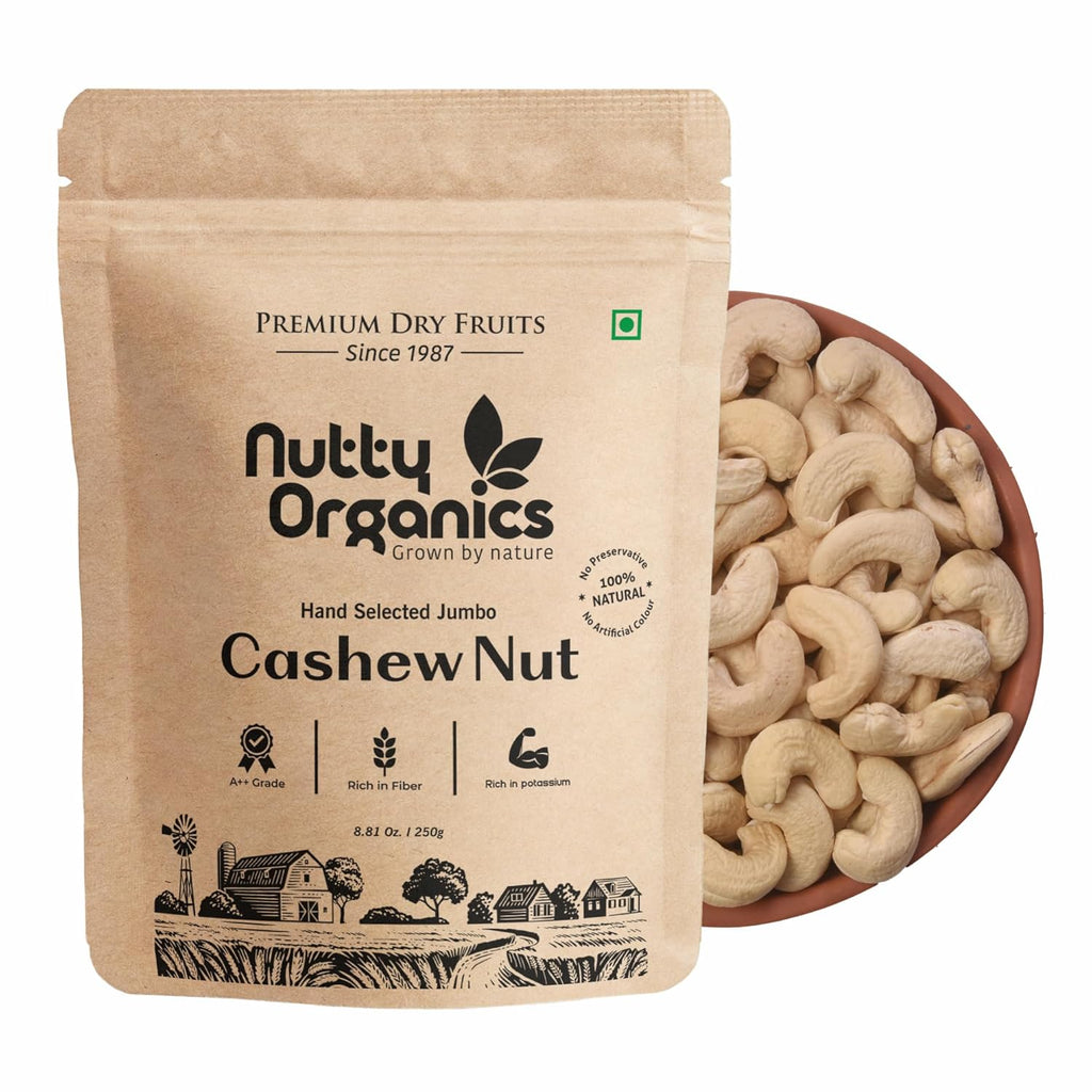Nutty Organics Whole Cashew Nuts 250 Gm | Hand Selected Jumbo | Nutritious & Delicious Nuts | Natural & Crunchy | Healthy Dry Fruit Snack