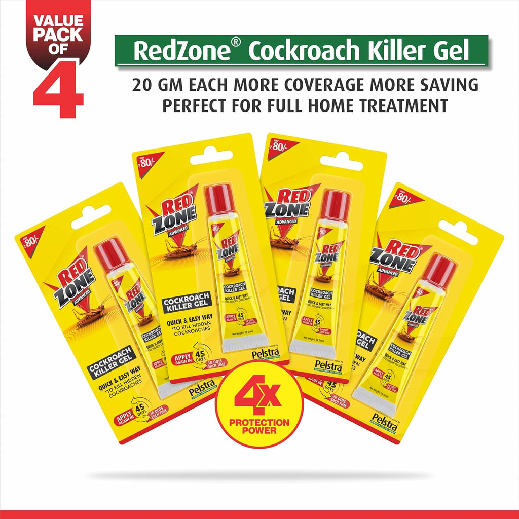 REDZONE Cockroach Killer Gel - 20g, Advance Formula Strong & Effective Long-Lasting Cockroach Gel for Home, Kitchen & Office, Anti Roach with Eco-Friendly, Easy to Use, Fragrance Free (Pack of 4)