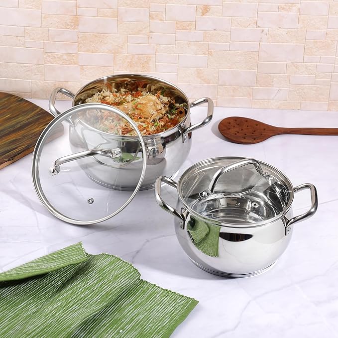 Vinod Stainless Steel 2 Piece Almaty Sauce Pot With Glass Lid | Diameter 14 & 16 Cm | Capacity 1.3 & 2 Litres