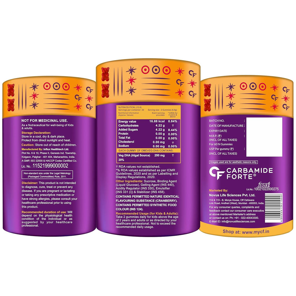 Carbamide Forte Veg Omega3 DHA 250mg - Gummies for Men, Women & Kids with Vegetarian DHA | No Fish oil Used | Omega Veg DHA Gummies | Healthy Heart, Brain & Joints - 60 Veg Gummies
