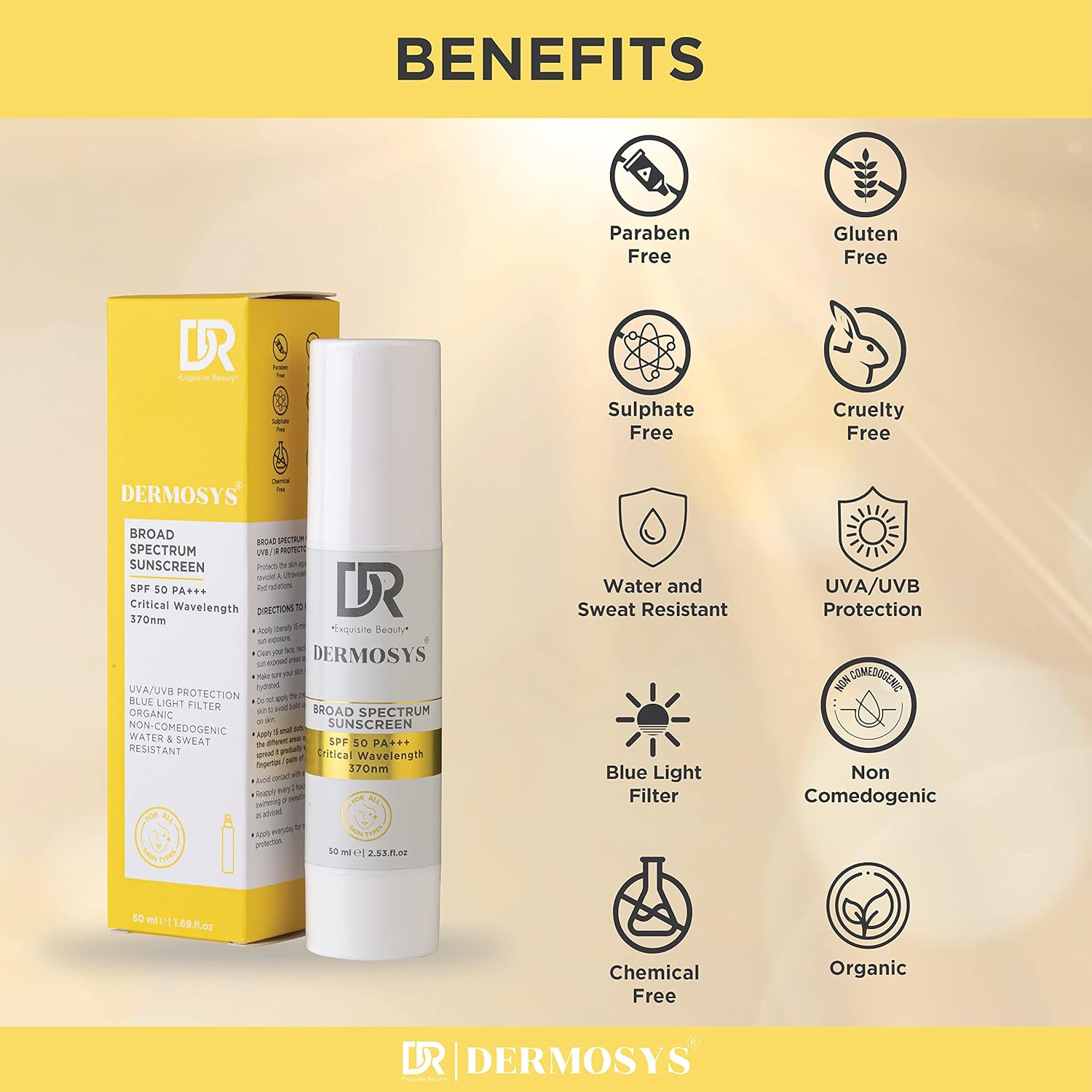 Dermosys Sunscreen SPF 50 PA+++ | 50ml Organic & Non Comedogenic SunscreenSPF50 | UVA, UVB & Blue Light Protection | With Hyaluronic Acid & Vitamin C | No White Cast | For All Skin Types