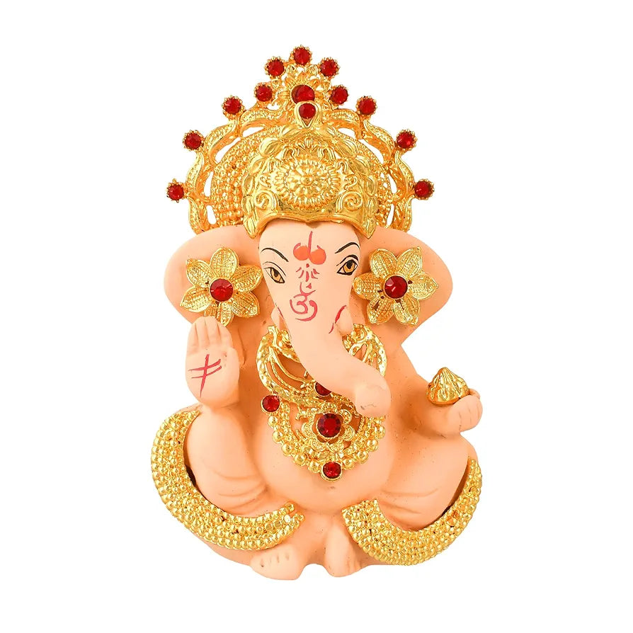 CraftVatika Ganesh Idol Murti Statue for Car Dashboard Ceramic Terracotta Gold Plated Ivory