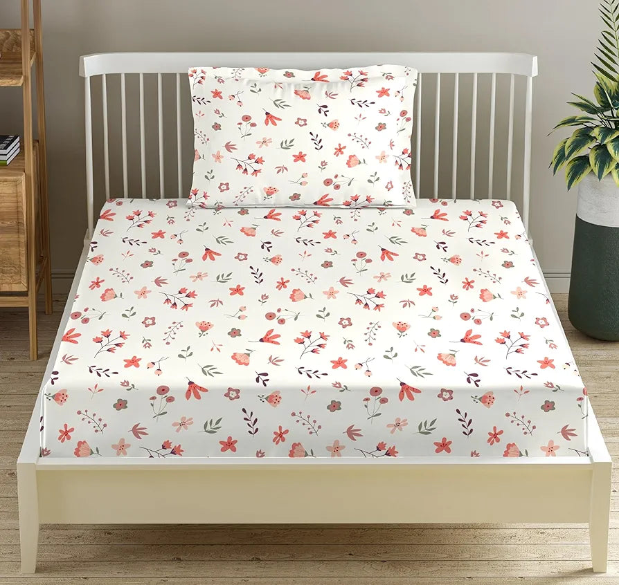 Trance Home Linen 180Tc Cotton 78"X36" Single Size Elastic Fitted Bedsheet Printed With 1 Pillow Cover 200 Tc Colour Soloce Peach