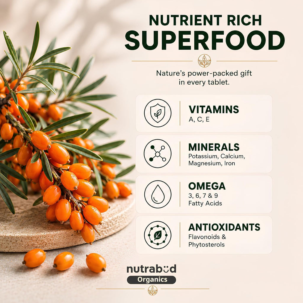 Nutrabud Organics Sea Buckthorn Berry Powder Capsules 1000mg - 60 Veg Tabs - Natural Source of Vitamin-A,C,E,K, Omega-3,6,7,9 & Antioxidants for Skin Glow & Collagen Boost (60 Count (Pack of 1))