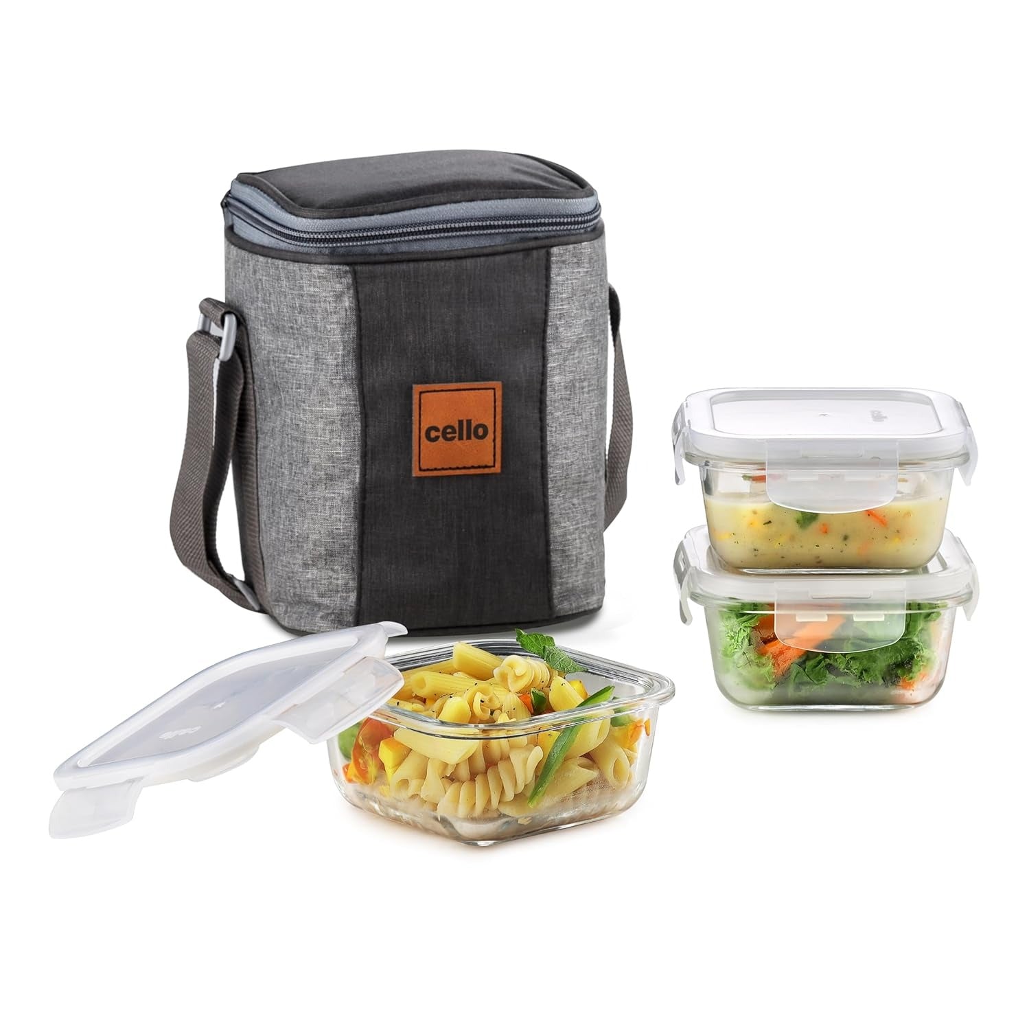 Cello Glassy Square Lunch Box Set of 3 Pcs (320ml x 3) with Jacket
