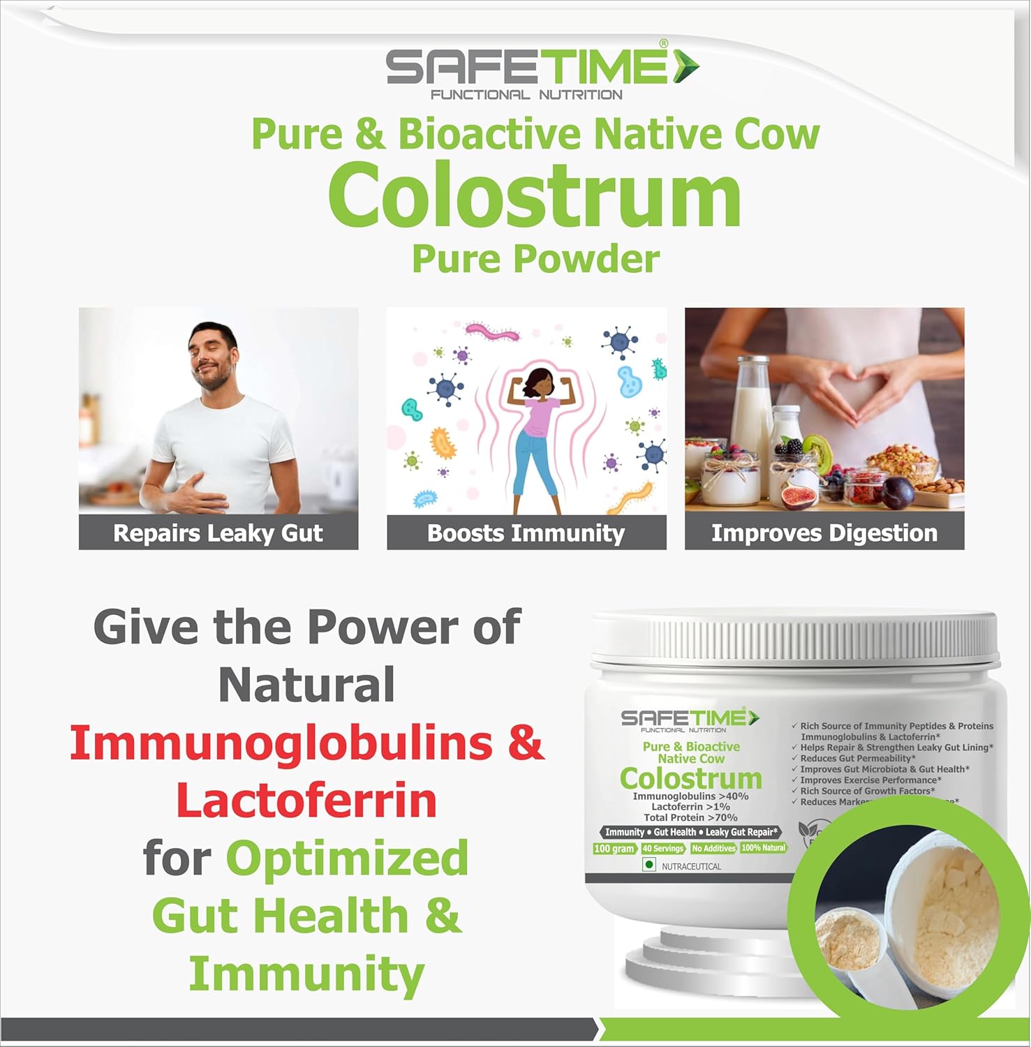 NATIVE COW COLOSTRUM, PURE with 70% Total Protien, 40% Immunoglobulins, 1% Lactoferrin, Leaky Gut, Immunity, Gut Health (100 gm powder) (Pack of 1)