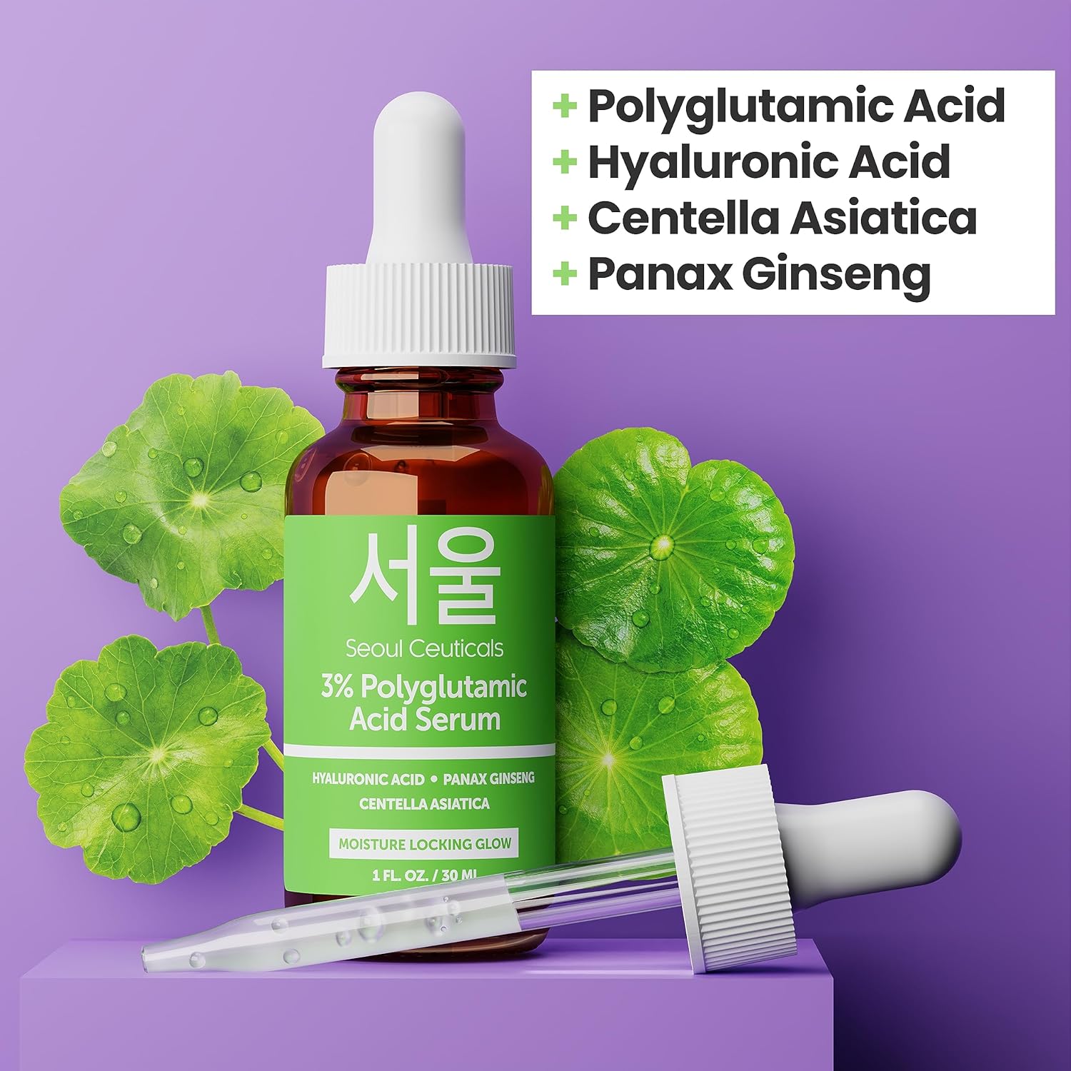 SeoulCeuticals Organic Polyglutamic Acid Korean Serum - 30ml Anti Aging Serum with Hyaluronic Acid + Centella Asiatica - K Beauty Skincare for Healthy Glowing Skin