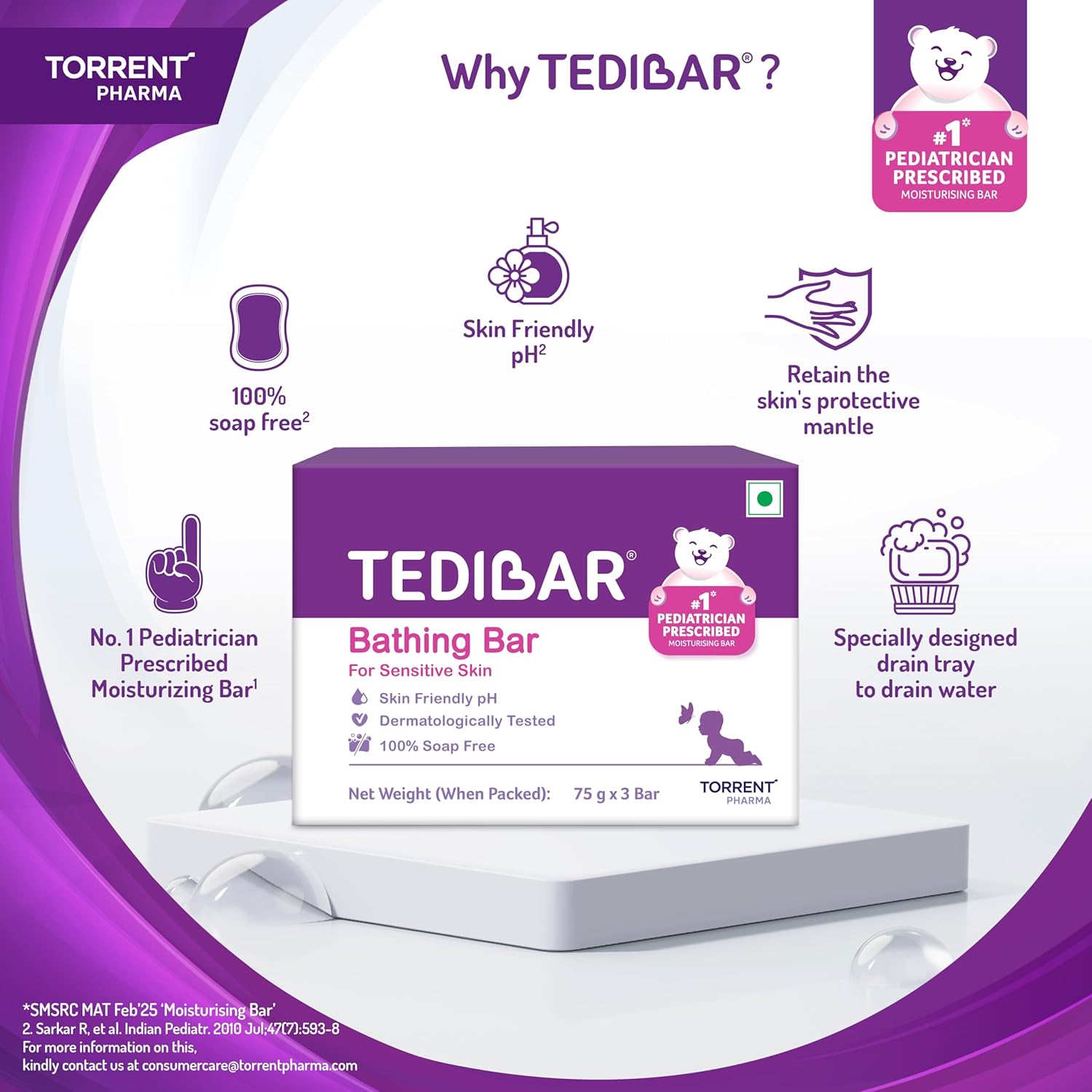 Tedibar Moisturising Baby Bathing Bar 75gx3 (Pack of 1) 100% Soap Free No. 1* Pediatrician Prescribed Moisturising Bar - By Torrent Pharma