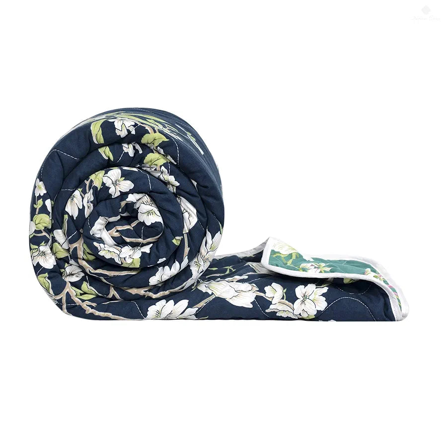 Divine Casa Microfibre 150 GSM Reversible Flower Print Double Bed Size Comforter, Blanket Colour Sea Green and Blue