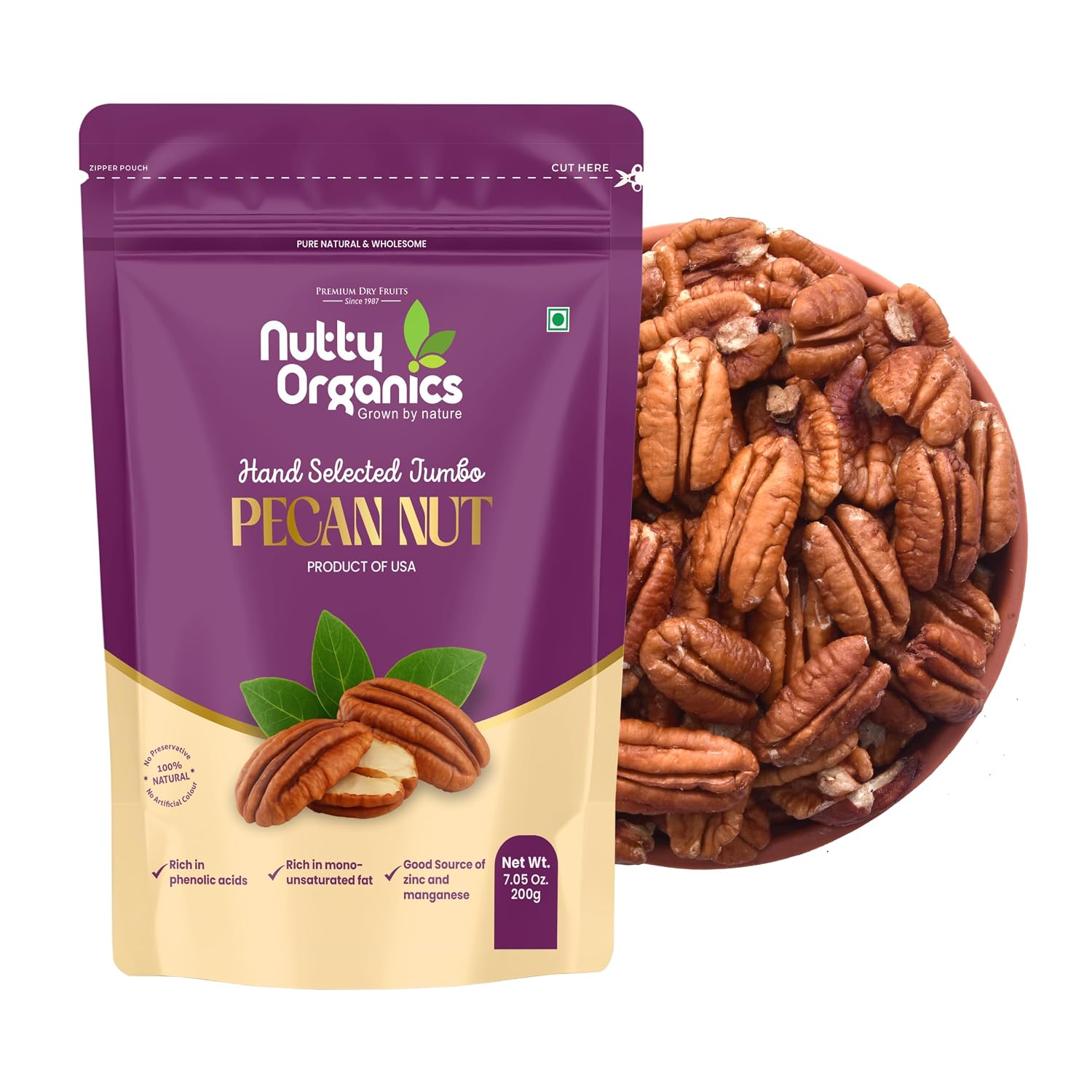 Nutty Organics Pecan Nuts Kernel 200g | Premium Shelled Pecan Nuts | Rich in Antioxidants & Healthy Fats | Natural Dry Fruits