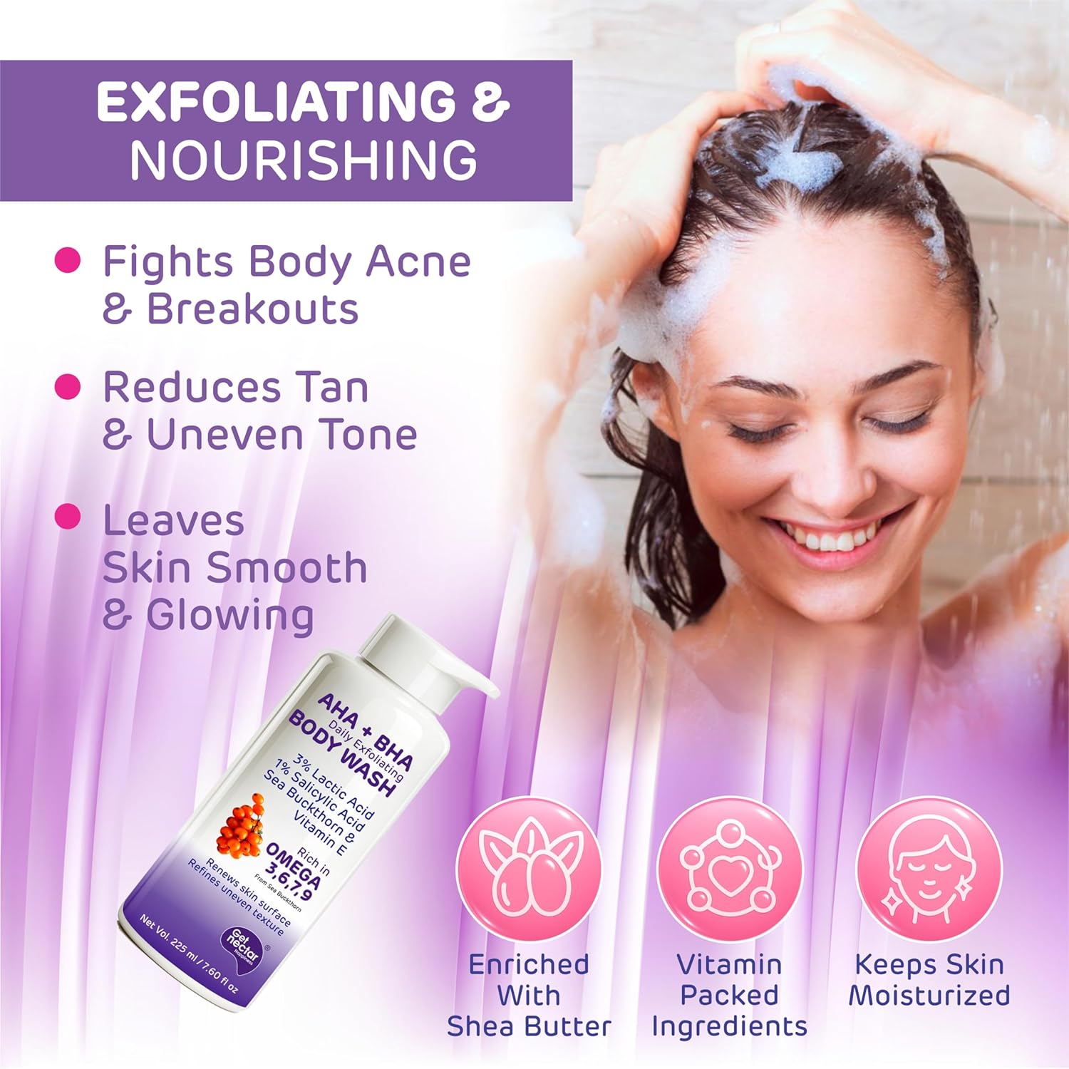 Get Nectar Happiness Korean Glow Essence AHA-BHA Body Wash | 4% Actives (3% Lactic Acid + 1% Salicylic Acid) | Omega 3,6,7,9 | Exfoliating Body Wash for Tan, Body Acne & Smooth Glowing Skin | Sulfate & Paraben Free | For Men & Women | 225ml