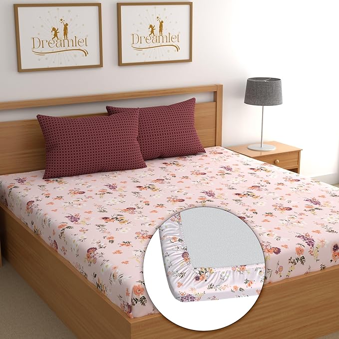 Dreamlet All Around Elastic Supersoft 210tc Premium Cotton Elastic Fitted Bedsheets With 2 King Size Pillow Covers | Pink