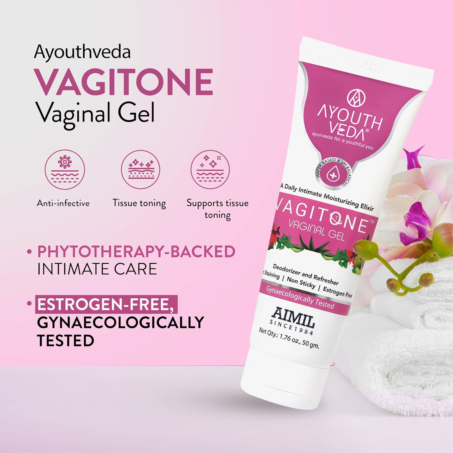 Ayouthveda Vagitone Vaginal Gel for Women | Dual-Action Anti-Infective & Toning Gel | Controls Infections Secretions | Estrogen-Free, Gynaecologically Tested | With Sphatika, Amla & Maju Phal | 50ml (Pack of 1)