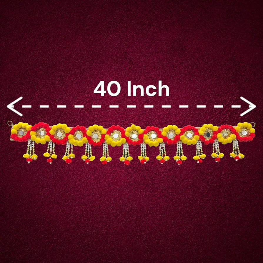 Pom Pom Toran 40 Inch Yellow & Red Decorative Jute Door Toran with Beads Jute Patta With Pom Pom Toran