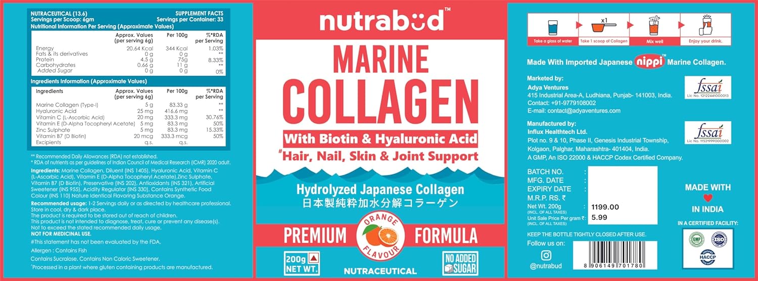 Nutrabud Japanese Marine Collagen Powder Supplement for Women,Men|No Added Sugar|Supports Skin Radiance,Healthy Hair,Nails & Joints|Hydrolyzed Collagen Peptides (Orange,200 grams)