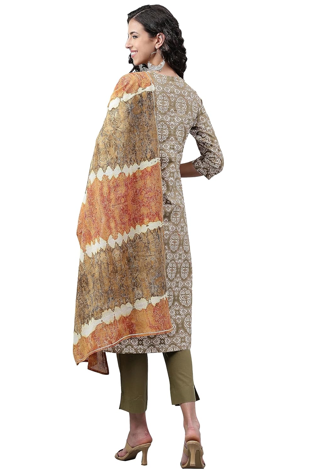 Janasya Women's Olive Green Cotton Ethnic Motifs Kurta with Pant and Dupatta