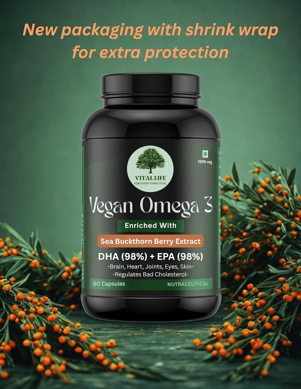 VITAL LIFE Vegan Omega 3 Vegetarian Capsules, 60 Caps | 98% DHA & EPA, Sea Buckthorn Berry, Algal DHA & Flaxseed Extract, Heart, Brain, Joint & Skin Health