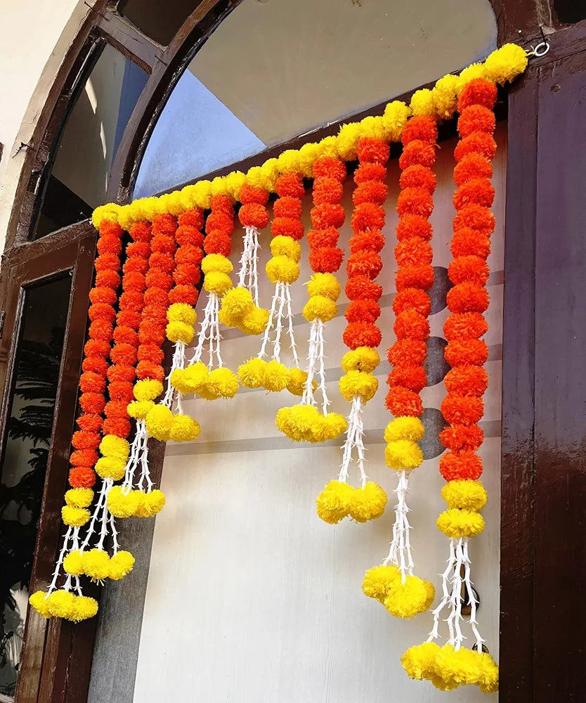 Artificial Marigold Bandanwar 40 Inch Yellow Orange Fluffy Toran Marigold Tuberose Strings Bandanwar