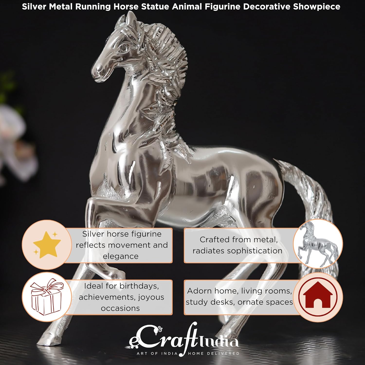 Ecraftindia White Metal Silver Running Horse Statue Animal Figurine Decorative Showpiece for Home and Office Decor
