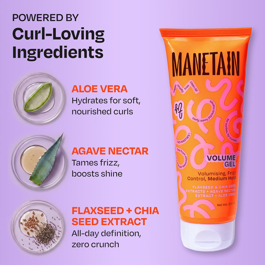 MANETAIN Volume Curl Gel 200ml for Curly & Wavy Hair | Flaxseed Curl Defining Gel with Medium Hold | Anti-Frizz & Moisturizing Styling Gel | Lightweight, CG-Friendly Hair Gel for Defined Curls