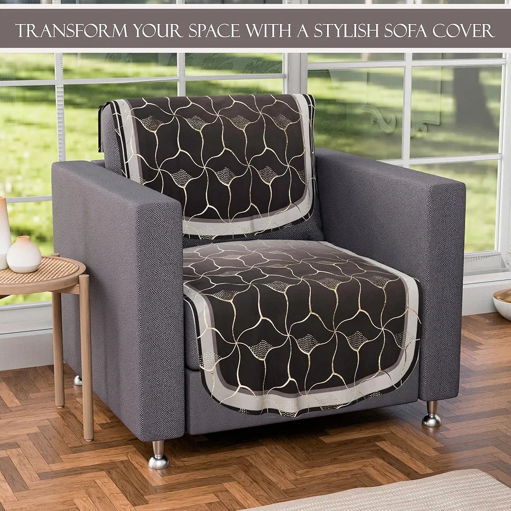 Kuber Industries Set of 10 Anti-Skid Sofa Cover 5-Seater Arabica Look Brown & Golden Foil