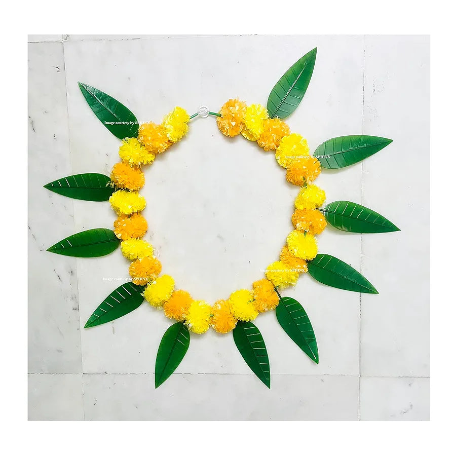 Artificial Marigold &Mango Leaves Simple Door-Window Toran Yellow and Light Orange