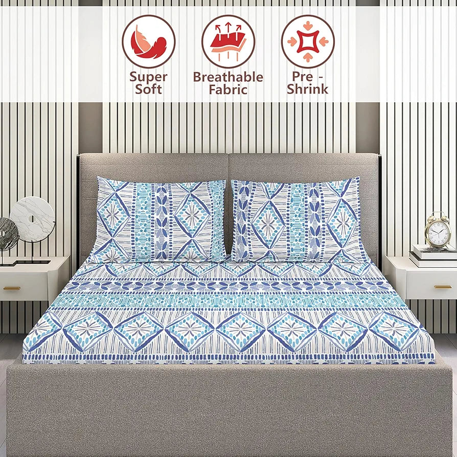 Layers Home Easy Cotton Bedsheet Set for All Seasons Lightweight 144 TC Queen Size Blue Printed
