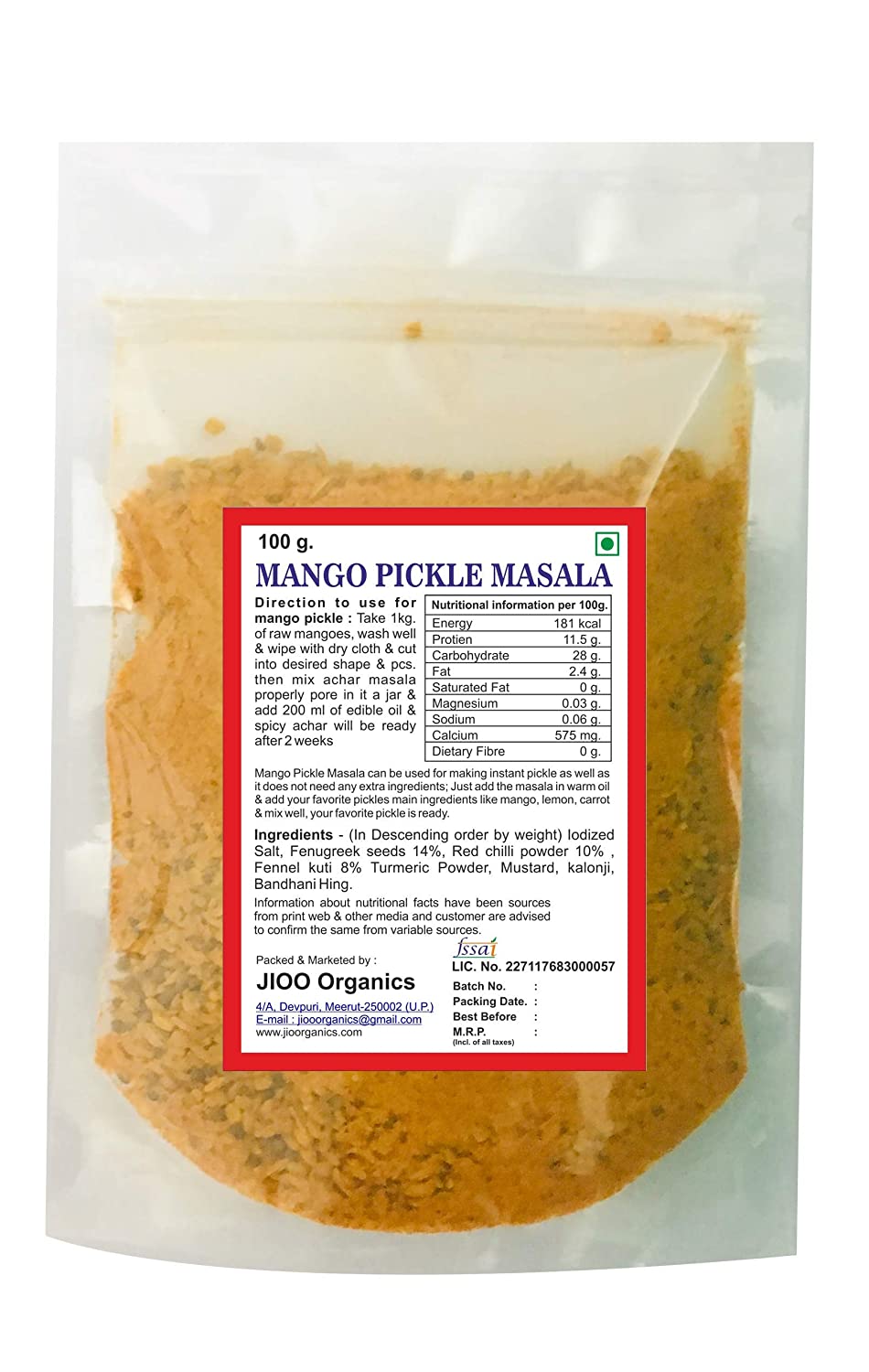 Jioo Organics Mango Pickle Masala (Aam ka Masala) - 100 gms
