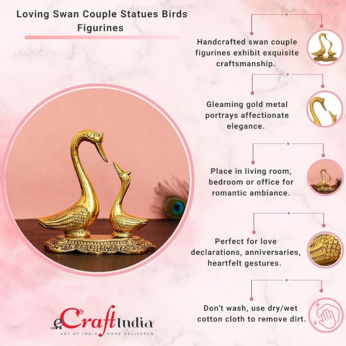 Ecraftindia Golden Metal Loving Swan Showpieces | Love Birds Statues