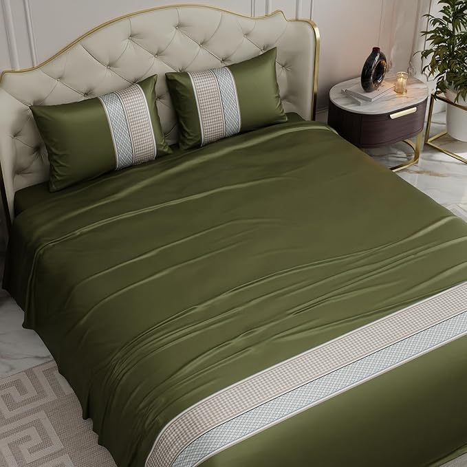 Stoa Paris Bedsheets For Double Size Bed, Satin 300 Threadcount Bedsheet Set Colour Palace Gardens-Olive
