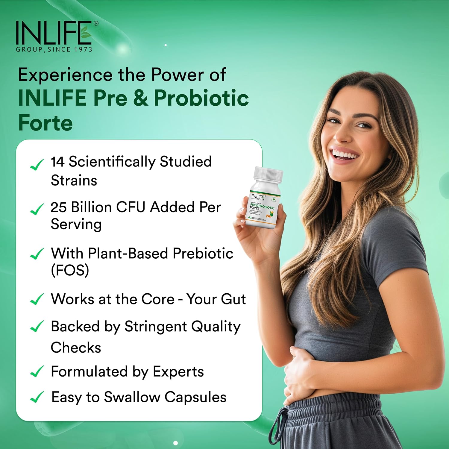 INLIFE Prebiotic and Probiotics Forte Supplement for Men & Women 25 billion CFU with 14 Strains | Digestion Gut & Immunity Health Supplement - 60 Capsules (Pack of 1)
