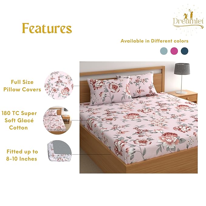 Dreamlet 180tc Cotton Feel All Around Elastic Fitted Bedsheets for Double Bed With 2 Pillow Covers | Pink