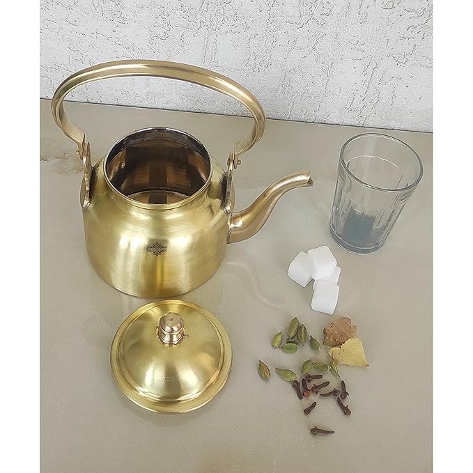 Indian Art Villa Pure Brass Matt Finish Tea Pot/Tea Kettle Volume | 550 ml Gold
