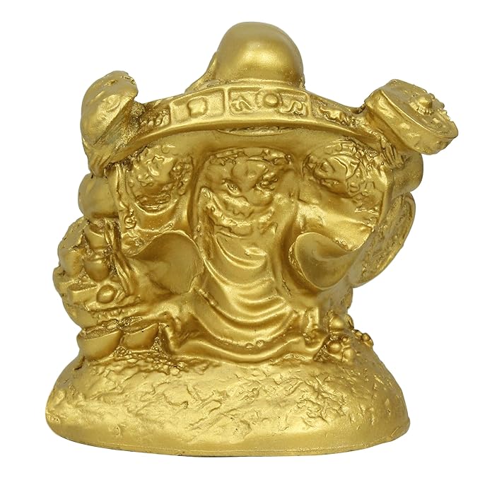 Tied Ribbons Golden Laughing Buddha Idol Statue Showpiece for Money Wealth and Good Luck
