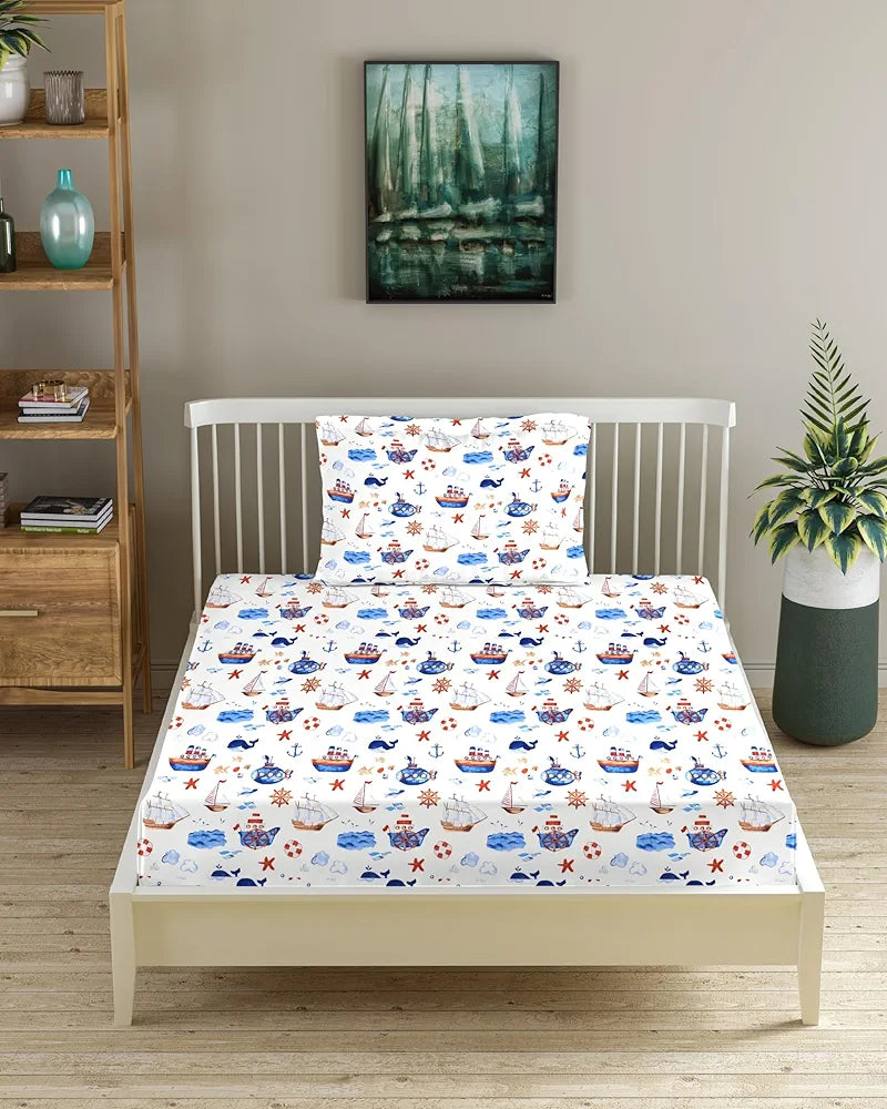 Trance Home Linen 180Tc 100% Cotton 78"X36" Single Size Elastic Fitted Kids Bedsheet Cartoon Printed with 1 Pillow Cover Colour Boat Blue
