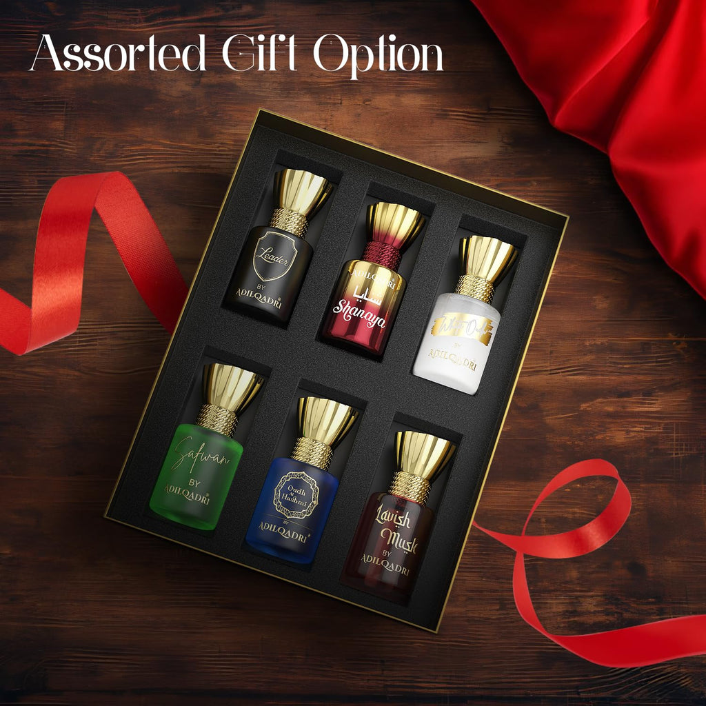 Adilqadri Assorted Luxury Attar Combo Perfume Gift Set for Men & Women (Pack of 6) â€“ Non-Alcoholic Roll-On attar Collection | Long-Lasting Fragrance Set | Gift Hamper for Him & Her | Ideal for Special Occasions | 5.5ml Each