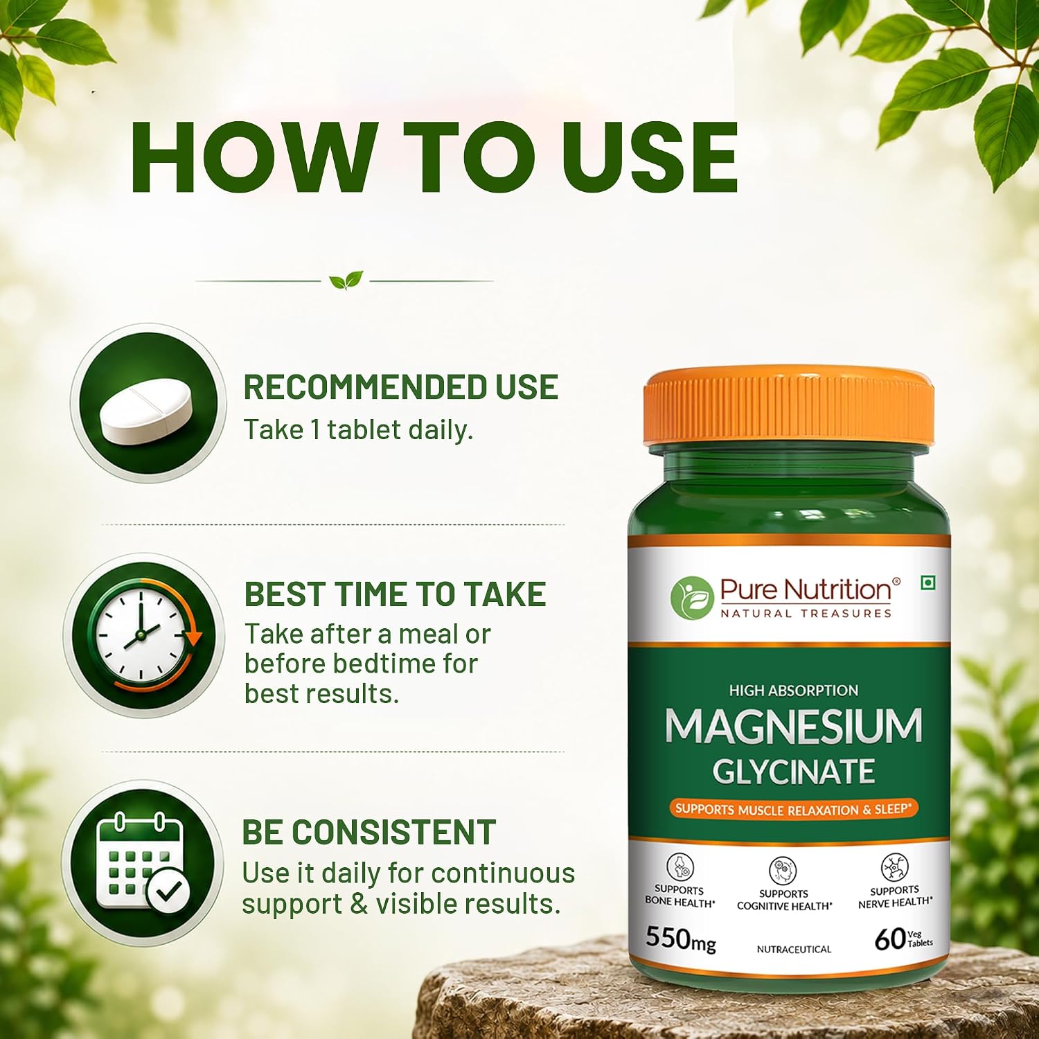 Pure Nutrition Magnesium Glycinate 550mg - 60 Tablets | High Absorption Magnesium Supplement for Daily Wellness | Supports Muscle Relaxation, Sleep & Nerve Function