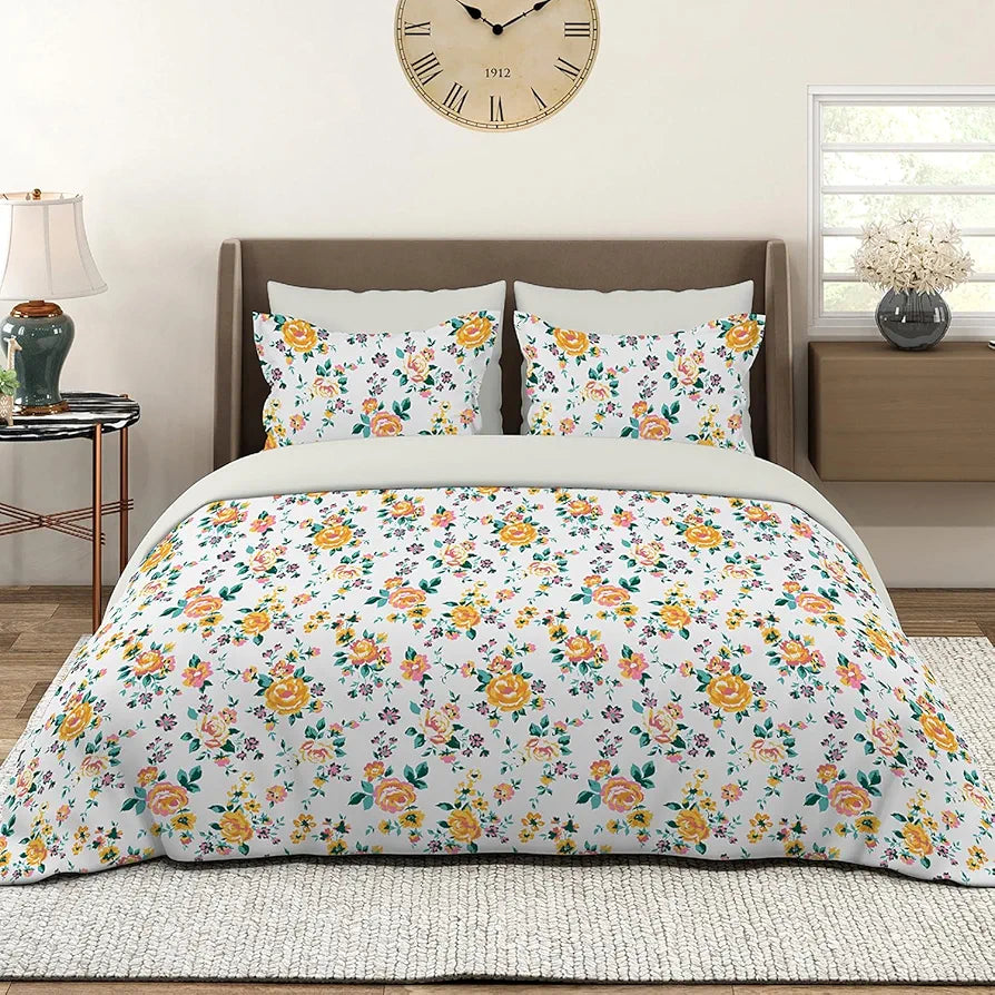 Layers Marigold Cotton Bedsheet Set for All Seasons Lightweight 144 TC King Size White Marigold