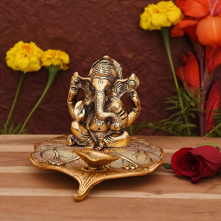 Collectible India Aluminium Ganesh with Diya Idol Medium Gold