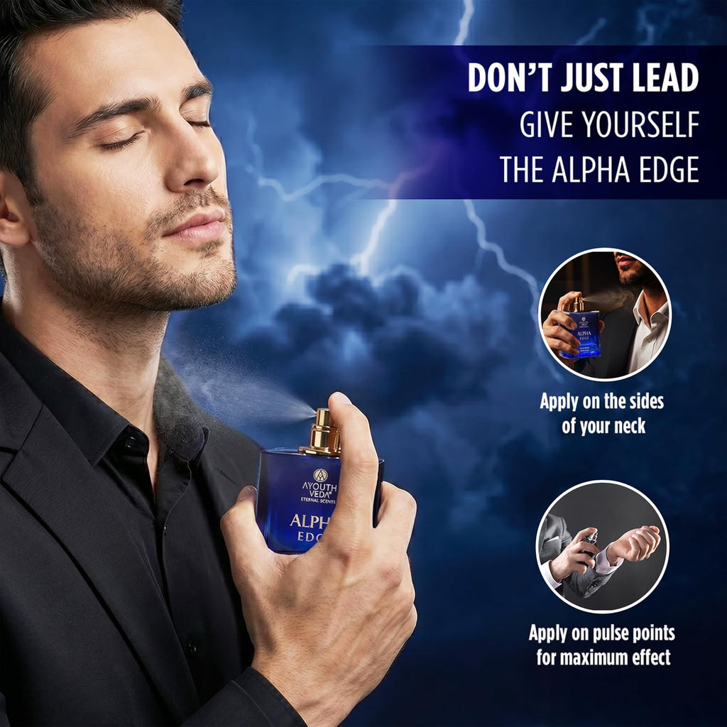 Ayouthveda Alpha Edge Eau De Parfum for Men | Long-Lasting Woody Spicy Luxury Perfume | Calabrian Bergamot, Sambac Vetiver, Endorphin Rush & Himalayan Cedar | Bold & Powerful Fragrance | 100ml