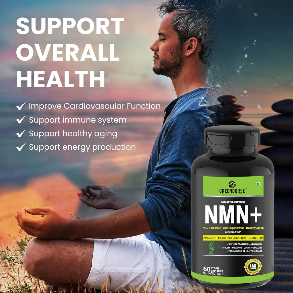 GREENDORSE NMN 99.9% Pure with Apigenin, Trans-Resveratrol & Quercetin | 3-in-1 Supplement | High Bioavailability | 3rd Party HPLC Tested | Supports NAD+, Healthy Ageing, Cellular Health, Muscle & Heart Health | 60 Veg Capsules