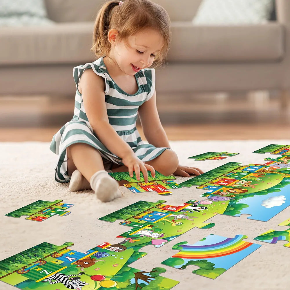 FLO Toys 6 Feet Alphabet Floor Puzzle for Kids 24 Jumbo Pieces Train Theme ABC Learning Toy for Toddlers & Preschoolers Educational