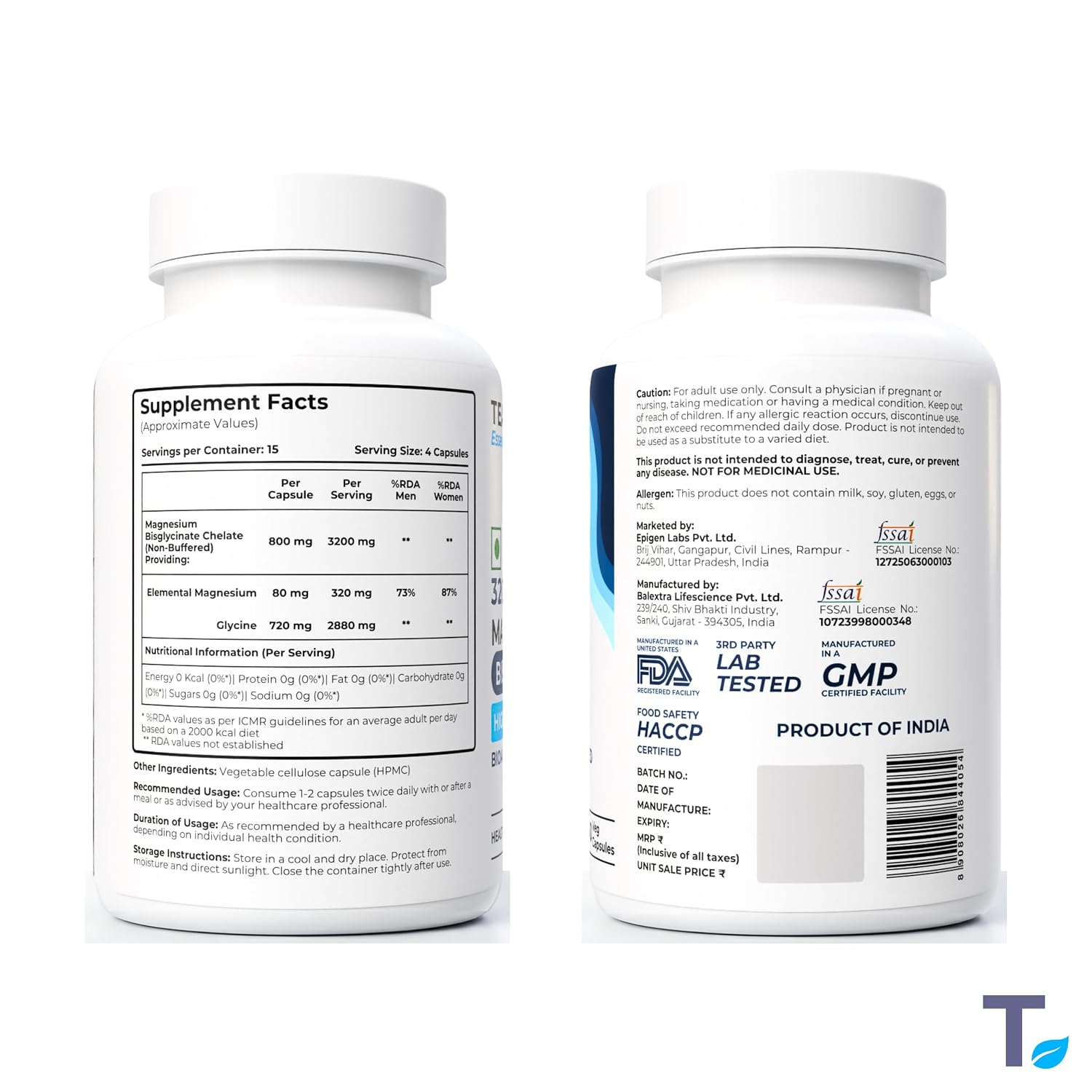 Tealed Magnesium Bisglycinate 3200mg | Non-Buffered | Chelated | Lab-Tested | Eurofins | 320mg Elemental Magnesium | No Fillers & Preservatives | Supports Muscle Relaxation & Sleep Quality | 60 Veg Caps