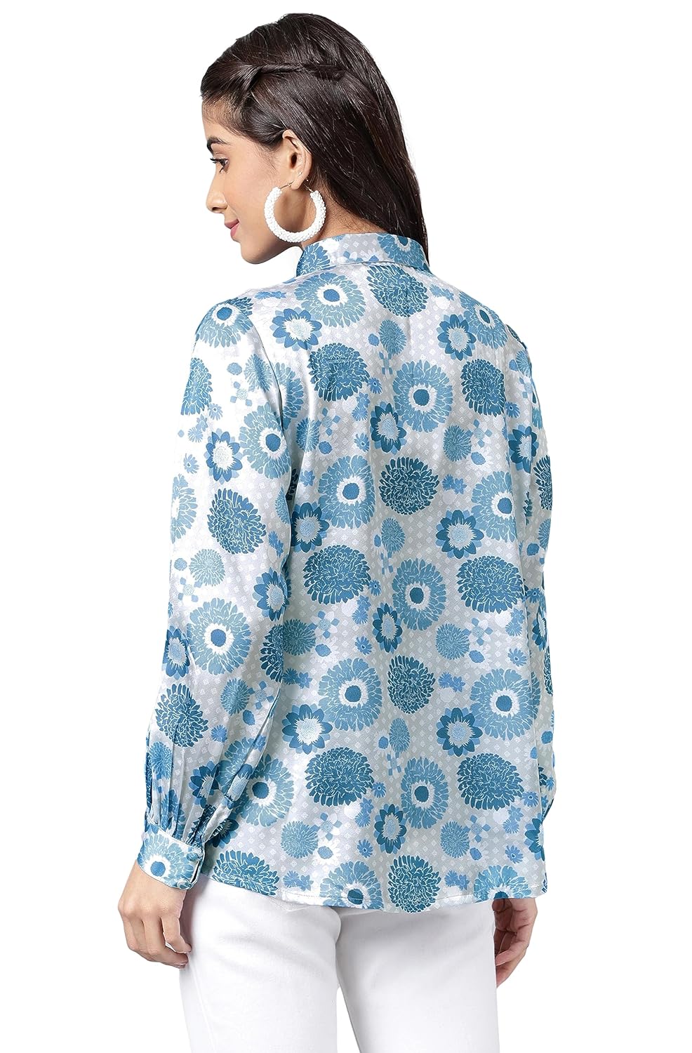 Janasya Women's Grey Satin Digital Floral Printed Shirt Style Top